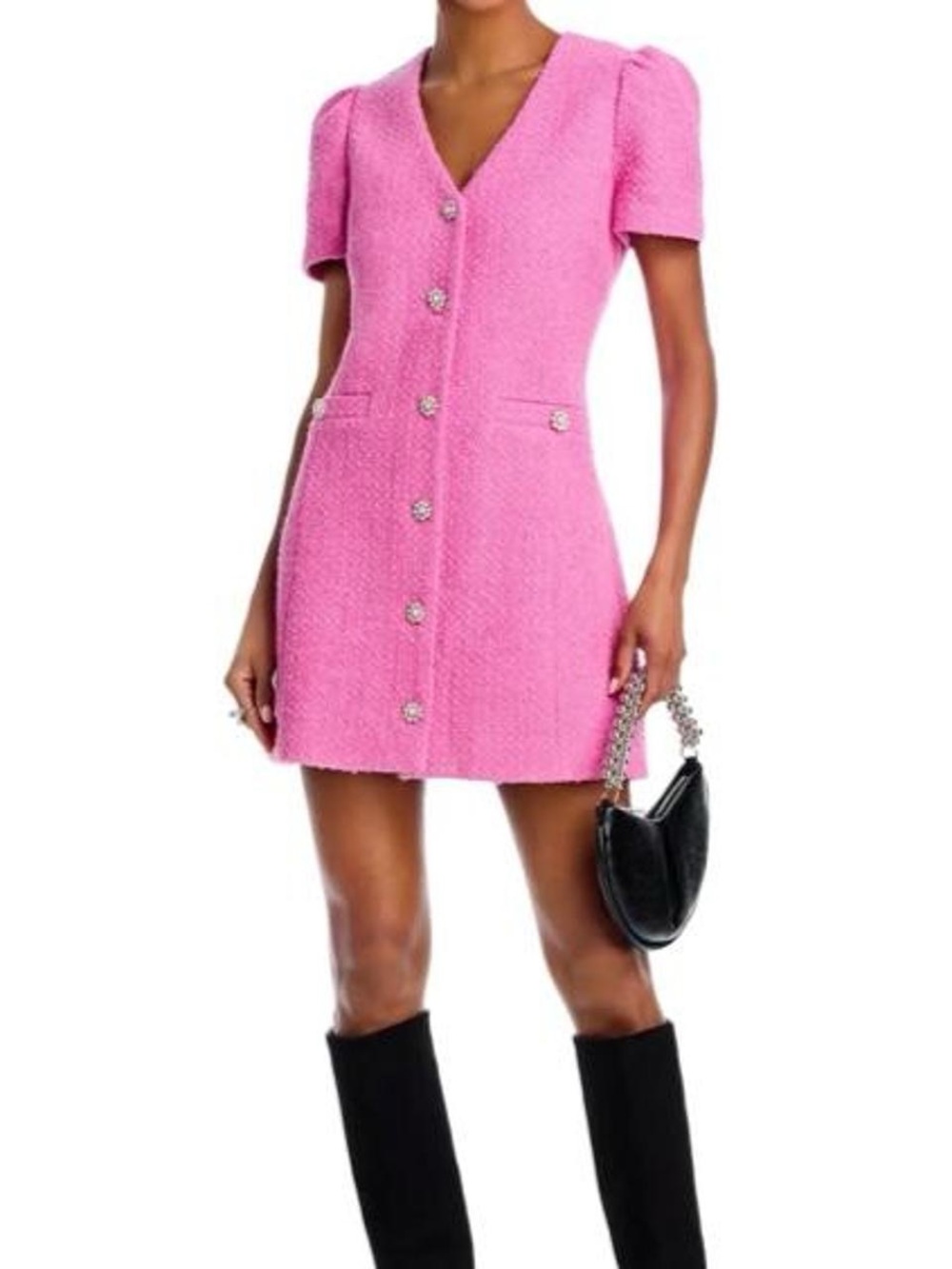 Aqua Pink Tweed V-Neck Button Mini Dress Size Large